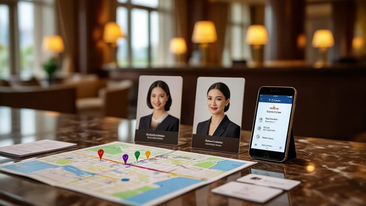 Hotel concierge desk with map, phone showing concierge app, and staff nameplates.