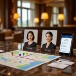 Hotel concierge desk with map, phone showing concierge app, and staff nameplates.
