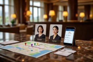 Hotel concierge desk with map, phone showing concierge app, and staff nameplates.