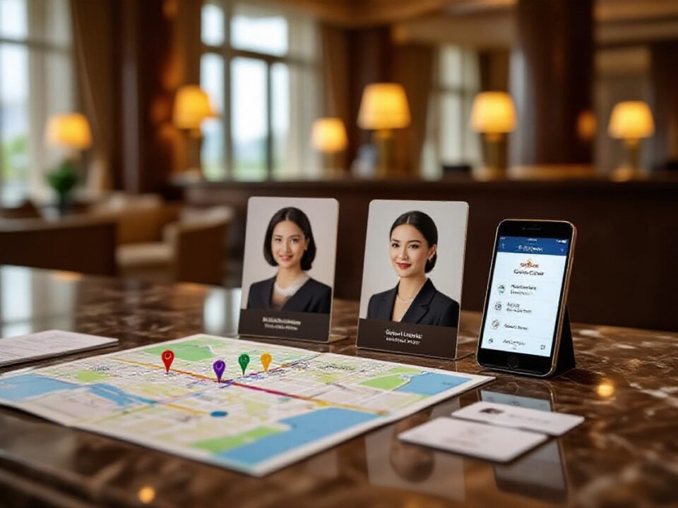 Hotel concierge desk with map, phone showing concierge app, and staff nameplates.