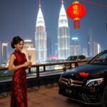 Woman in red dress with champagne, Kuala Lumpur skyline, Mercedes car.