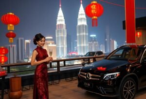Woman in red dress with champagne, Kuala Lumpur skyline, Mercedes car.