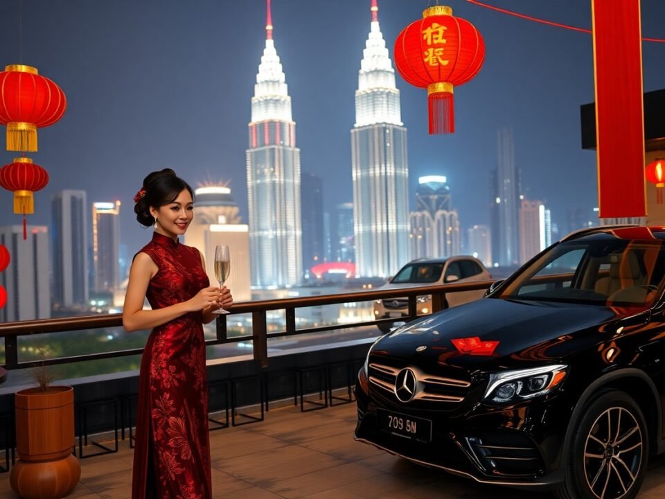 Woman in red dress with champagne, Kuala Lumpur skyline, Mercedes car.