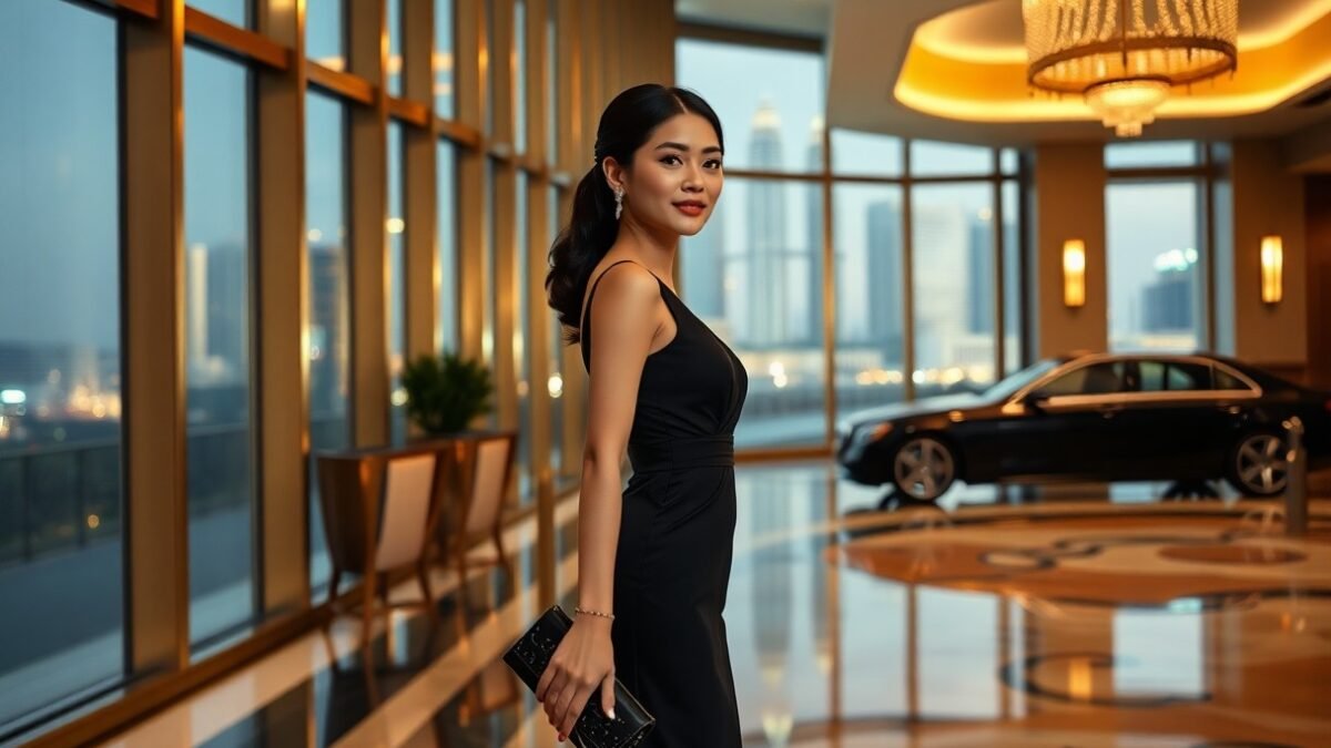 Elegant Asian woman in black dress in luxury hotel lobby with city view and car