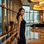 Elegant Asian woman in black dress in luxury hotel lobby with city view and car