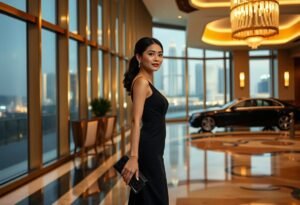 Elegant Asian woman in black dress in luxury hotel lobby with city view and car
