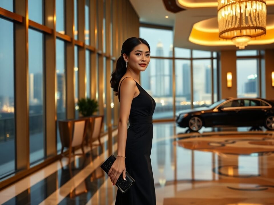 Elegant Asian woman in black dress in luxury hotel lobby with city view and car