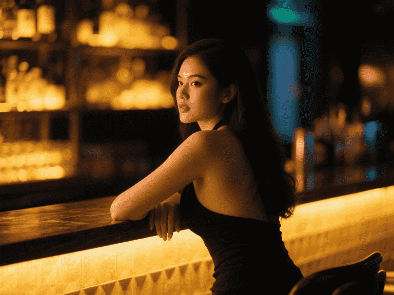 Woman in black dress at a bar in KL. High-end escort services.
