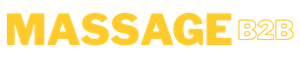 Massage B2B logo in yellow letters with a yellow outline on a dark green background.