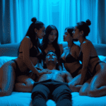 Man surrounded by women in a bedroom