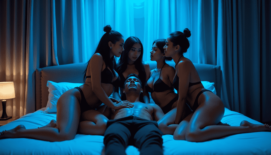 Man surrounded by women in a bedroom