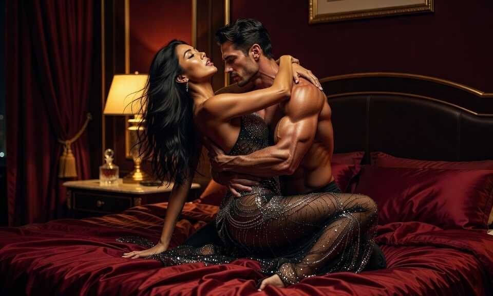 Couple embracing passionately on a luxurious red bed