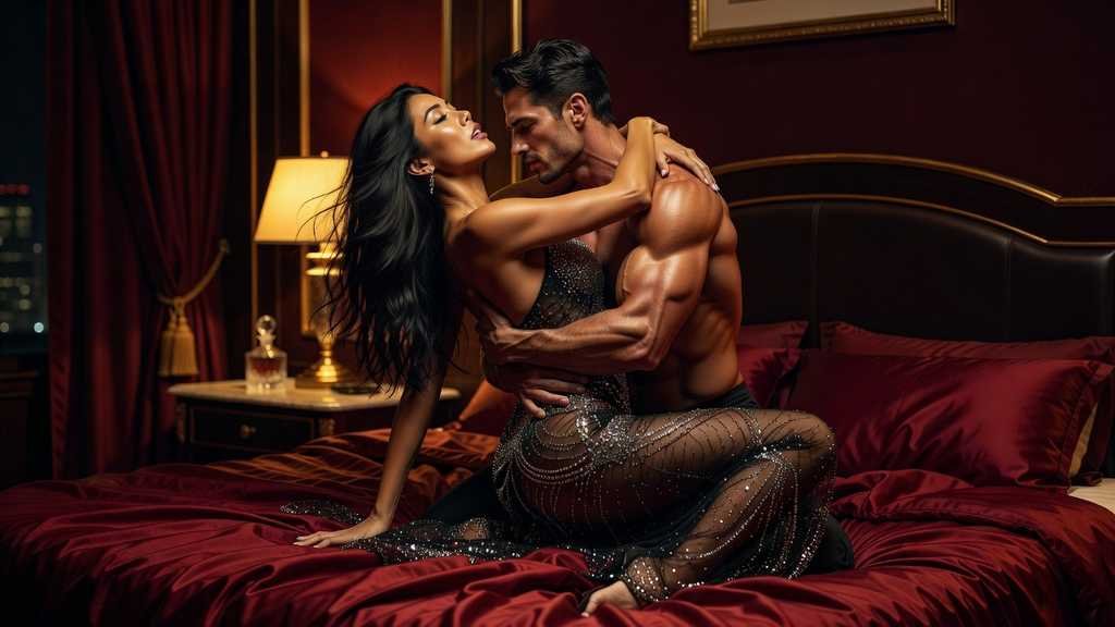 Couple embracing passionately on a luxurious red bed