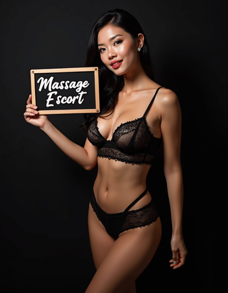 Woman in lingerie holding a sign that says "Massage Escort