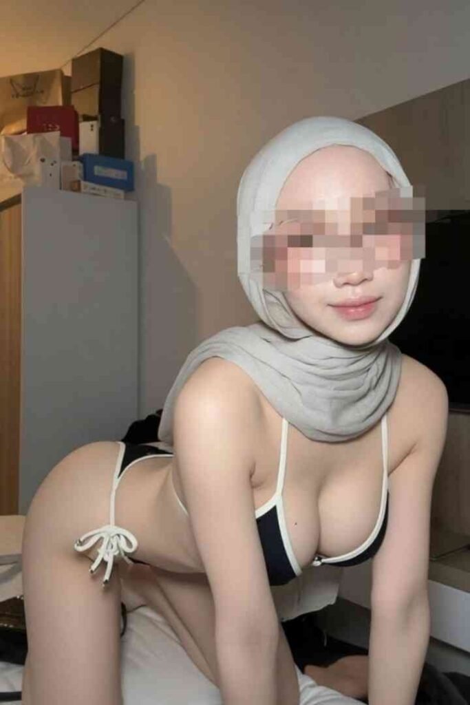 Young woman in hijab and bikini posing playfully