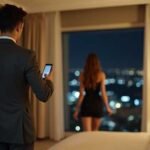 Man in suit with phone looks at woman in black dress by hotel window at night