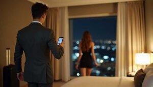 Man in suit with phone looks at woman in black dress by hotel window at night