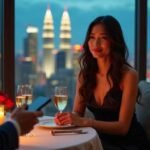 Couple enjoying a romantic dinner with a city skyline view