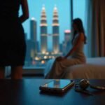 Two women in a hotel room with Kuala Lumpur skyline view at night