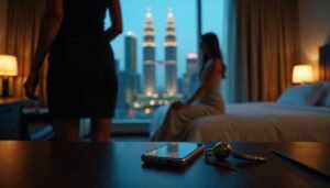 Two women in a hotel room with Kuala Lumpur skyline view at night