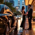 Couple in formal wear by luxury car outside hotel