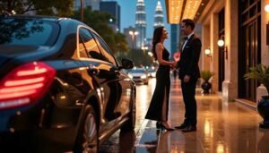 Couple in formal wear by luxury car outside hotel