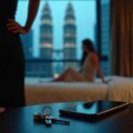 Keys and smartphone on table with blurred hotel room and city view