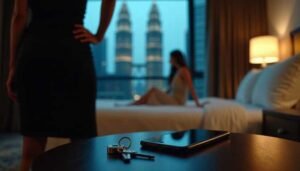 Keys and smartphone on table with blurred hotel room and city view
