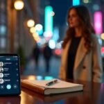 Woman checking app on smartphone near glowing lamp and notebook