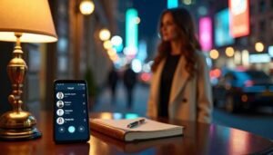 Woman checking app on smartphone near glowing lamp and notebook