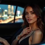 Elegant woman in a car at night with city lights in the background