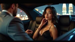 Couple in luxury car at night with city lights
