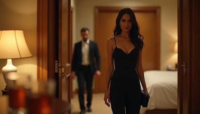 Woman in black dress walks down hotel hallway, man in suit follows