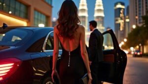 Woman in a black dress exiting a luxury car at night