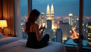 Woman in hotel room with city view at night, looking at phone